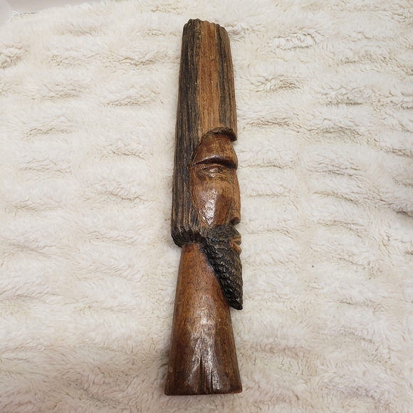 vintage Hand Carved Wood Tiki Totem Style Bearded Man Sculptural Art 15" Tall - Picture 4 of 8